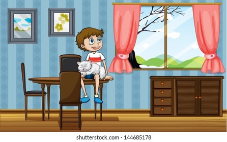 Illustration of a boy sitting at the table with his cat