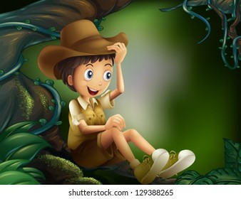 Illustration of a boy sitting in a tree at the rainforest