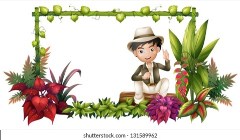 Ilustración de un niño sentado en el maletero sobre un fondo blanco