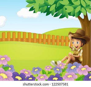 Illustration of a boy sitting under a tree on a field