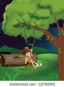 Illustration of a boy sitting under a tree in dark night