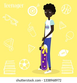 Illustration of a boy skateboarder. Afro-American. A set of stickers. Vector flat style. For banner, web, advertising.