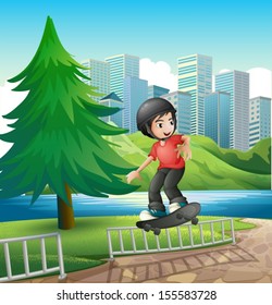 Illustration of a boy skateboarding near the riverbank