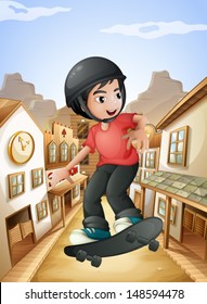 Illustration of a boy skateboarding near the saloon bars