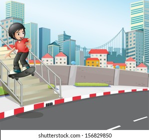 Illustration of a boy skateboarding at the street near the stairs