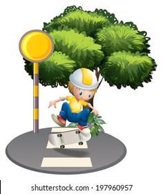 Illustration of a boy skateboarding in the street on a white background