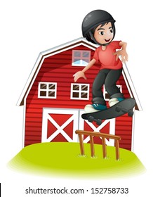 Illustration of a boy skating in front of the red barnhouse on a white background