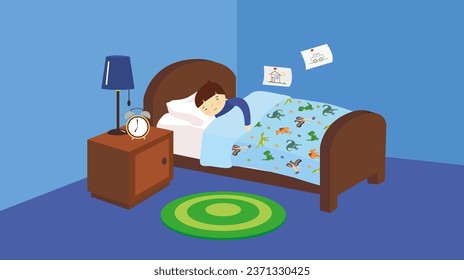 Ilustración de un niño durmiendo en su cama con reloj despertador.