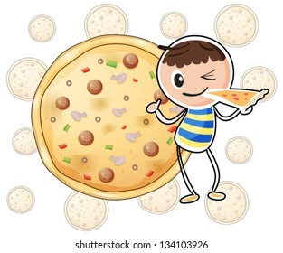 Illustration of a boy with a slice of pizza on a white background