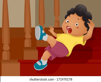 Illustration of a Boy Slipping Down a Flight of Stairs