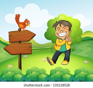 Illustration of a boy smiling in the garden with a wooden arrow board