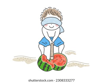 An illustration of a boy splitting a watermelon with watermelon splitting.