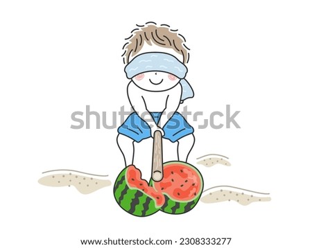 An illustration of a boy splitting a watermelon with watermelon splitting.