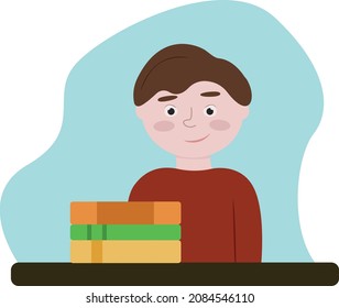 Ilustración de un niño con un montón de libros. Estilo minimalista