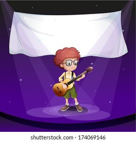 Illustration of a boy at the stage with an empty banner at the back
