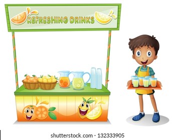 Illustration of a boy with a stall of refreshing drinks on a white background