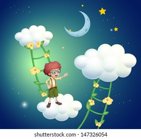 Illustration of a boy standing above the clouds