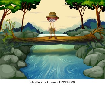Illustration of a boy standing above the trunk at the river