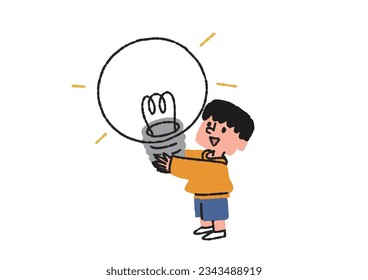 Illustration of a boy standing with a big light bulb
