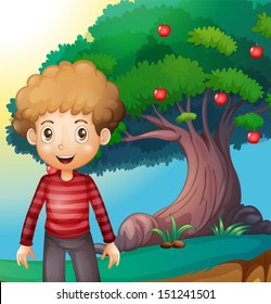 Illustration of a boy standing in front of the apple tree