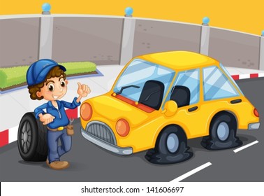 Illustration of a boy standing in front of a car with a flat tire