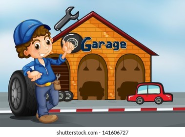 Illustration of a boy standing in front of a garage
