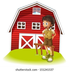 Ilustración de un niño parado frente a una casa de campo roja sobre un fondo blanco