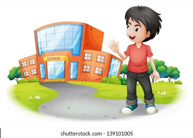 Illustration of a boy standing in front of the school on a white background