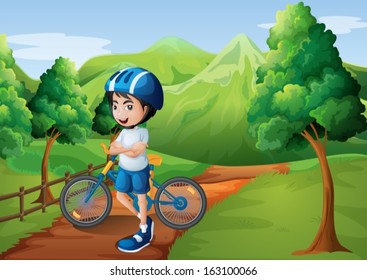 Illustration of a boy standing in the middle of the pathway with his bike
