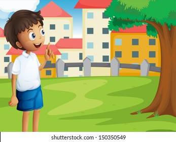 Illustration of a boy standing near the tree