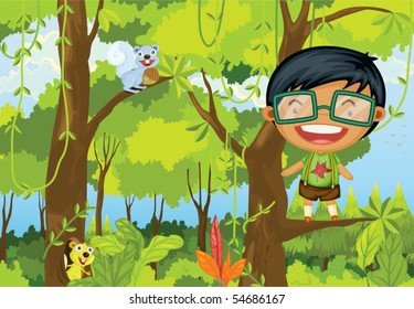 Illustration of a boy standing on a branch of a tree on colorful background
