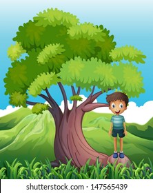 Illustration of a boy standing on a root of a tree