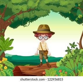 Illustration eines Jungen, der auf einem Holzbalken in einer schönen Natur steht
