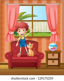 Illustration of a boy standing at the sofa inside the house