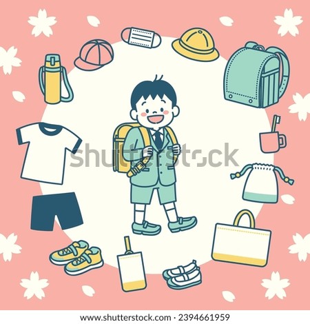 Illustration of boy starting elementary school and school supplies set