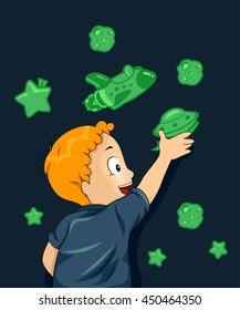 Illustration of a Boy Sticking Space Themed Glow in the Dark Stickers on His Wall