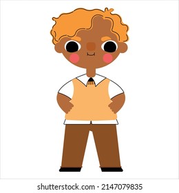 illustration of a boy student dressed in a school uniform , with curly hair and an important look
