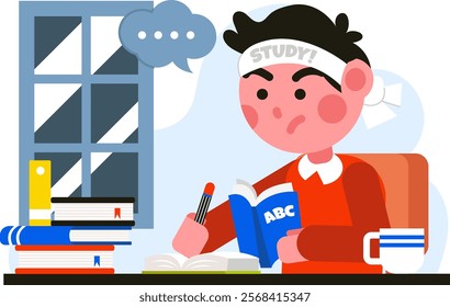 Illustration of boy is studying earnestly vector design school theme with a flat and colorful design blend