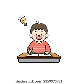 Illustration of boy studying at his desk get an idea