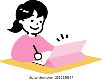 Illustration of a boy studying and learning using a tablet_Image related to children's cram school and ICT education classes