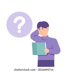 illustration of a boy studying or reading a book. hard to learn, don't understand, need help to learn. question mark. flat cartoon style. vector design