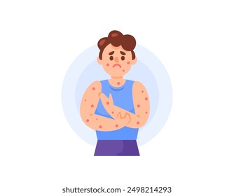 illustration of a boy suffering from chicken pox or Varicella. feeling itchy and red spots appearing on the skin. Viral infections and skin diseases. health problems. flat style character design