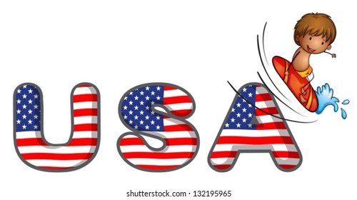 Illustration of a boy surfing beside the USA word on a white background