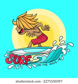 Illustration of a boy surfing a wave with the sun in the background, vector drawing