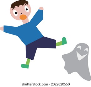 Illustration of a boy surprised by Halloween ghosts