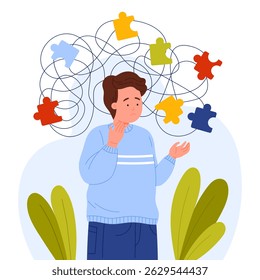 Illustration of a boy surrounded by emotion masks, showing traits of ADHD and Asperger like confusion, emotional struggle, and social difficulty vector illustration