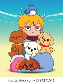 Illustration eines Jungen, der von seinen Haustieren umgeben ist, auf ruhigem Hintergrund