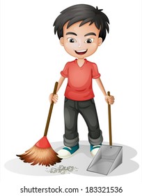 Illustration of a boy sweeping the dirt on a white background