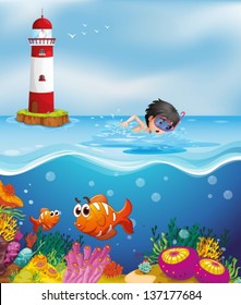 Illustration of a boy swimming at the beach near the lighthouse