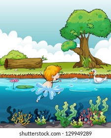 Illustration boy swimming and duck in the river